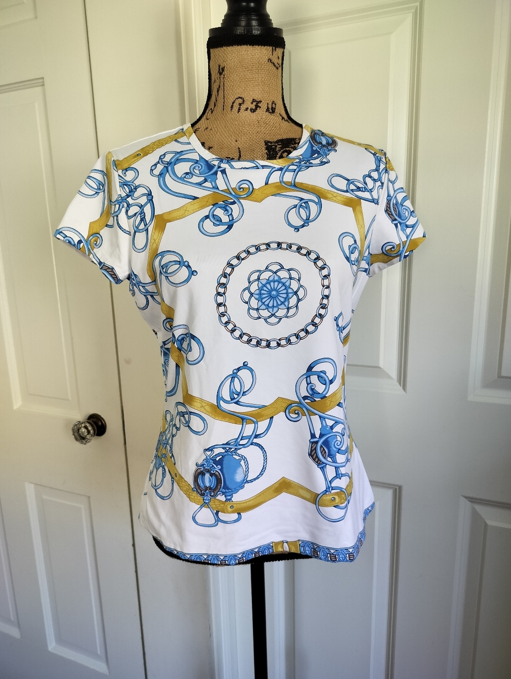 J.Mclaughlin White Short-Sleeve Chain Print Shirt Catalina Women's Size L